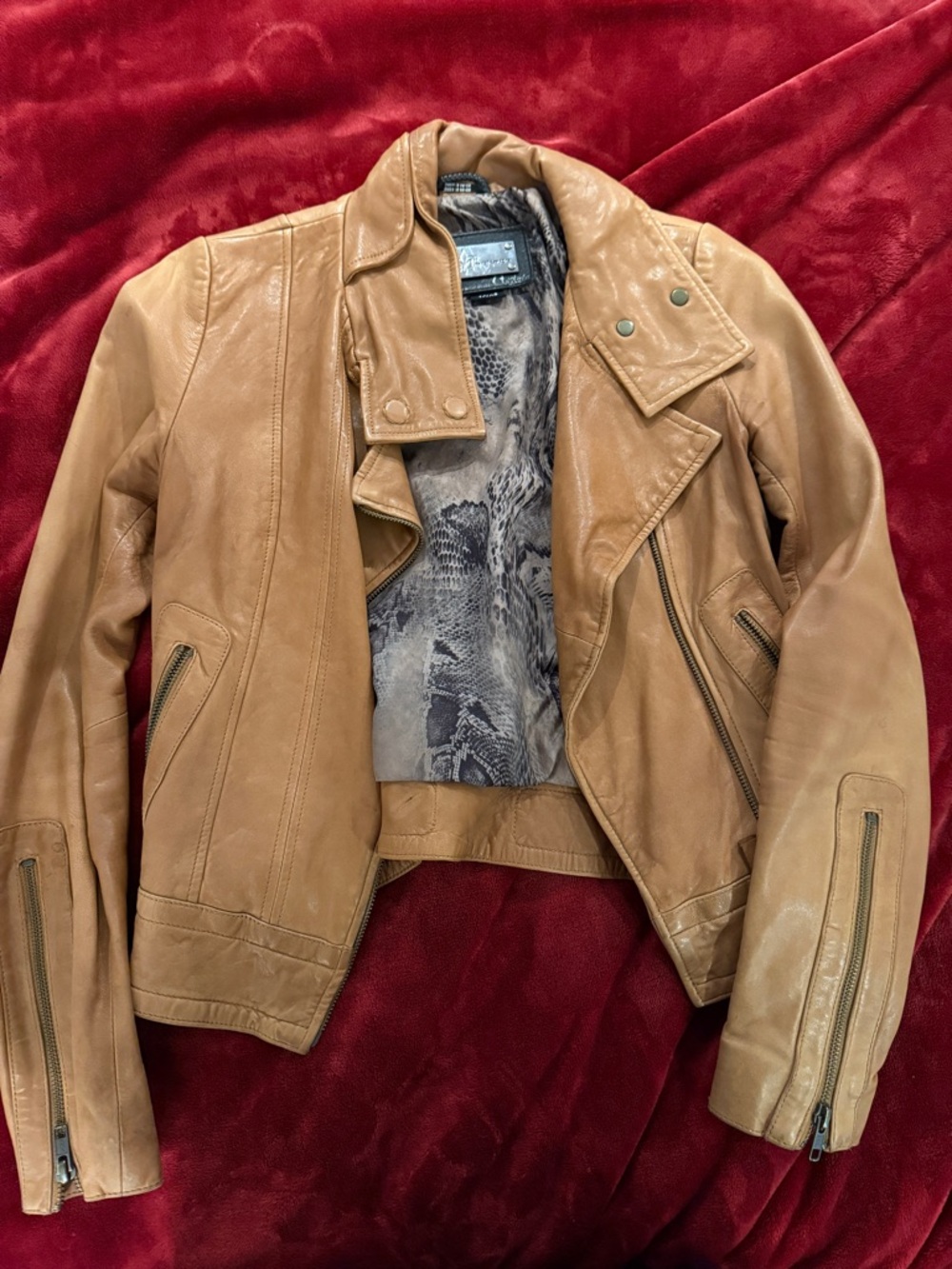 Mackage Tan Leather Moto Jacket with Snakeskin Lining